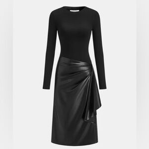 🖤 Commense Asymmetric Faux Leather Panel Midi Dress Black NWT M